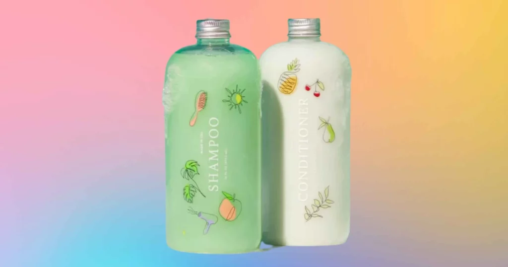 one green bottle and one white bottle of function of beauty shampoo and conditioner