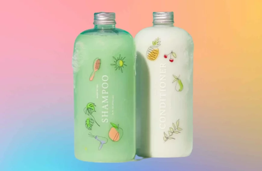 one green bottle and one white bottle of function of beauty shampoo and conditioner