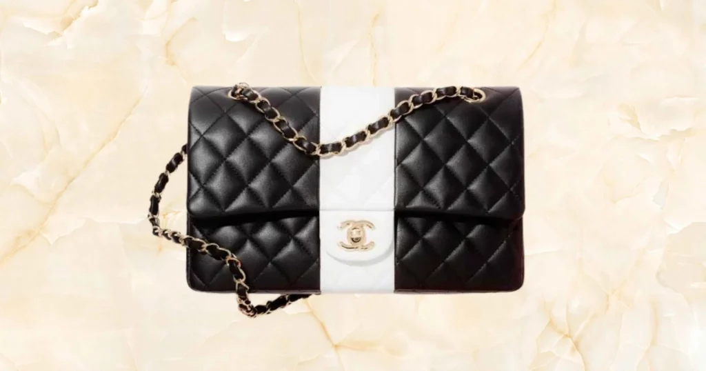 black and white designer crossbody bag with gold chanel logo and chain strap