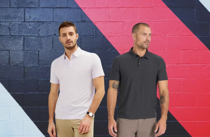 man wearing white Rhone polo shirt and another man wearing a gray Vuori polo shirt