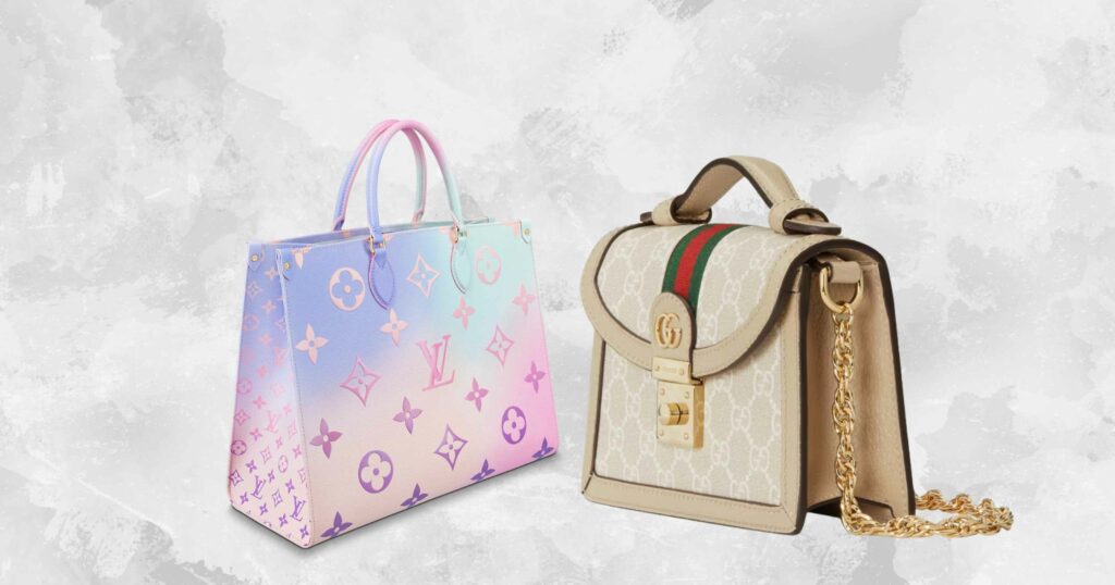 on left, light blue and pink louis vuitton bag, on the right is a tan, monogrammed gucci bag