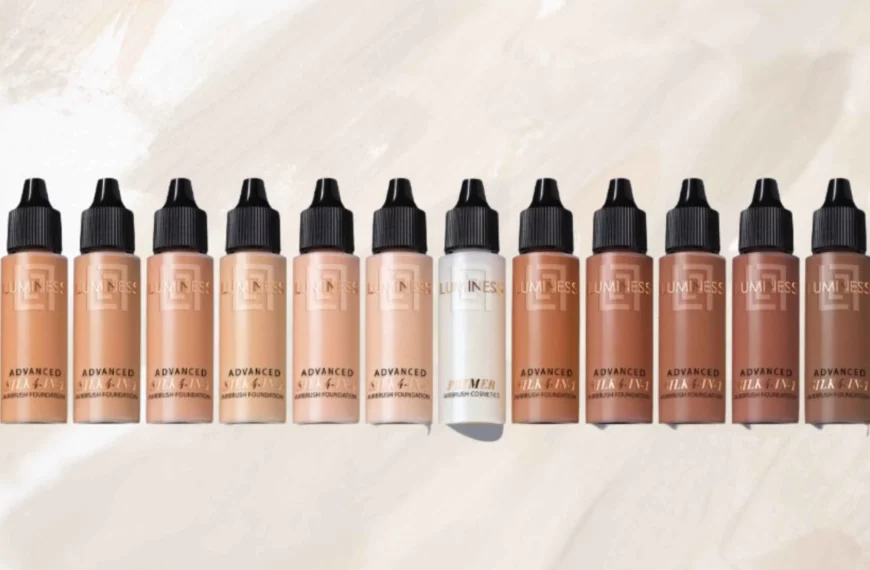 line of luminess breeze airbrush foundation bottles in a variety of skin tones