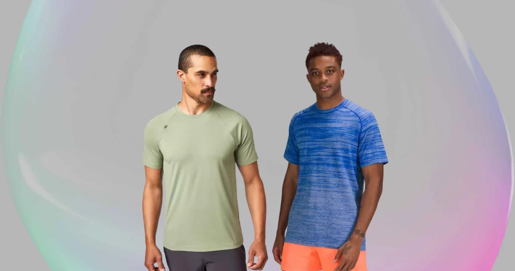 man on left is wearing light green Rhone t-shirt, man on right is wearing blue Lululemon shirt
