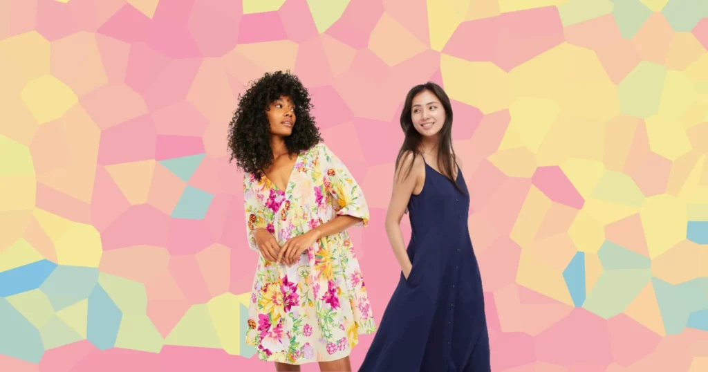 a woman wearing white floral h&m dress and another woman wearing navy Uniqlo dress