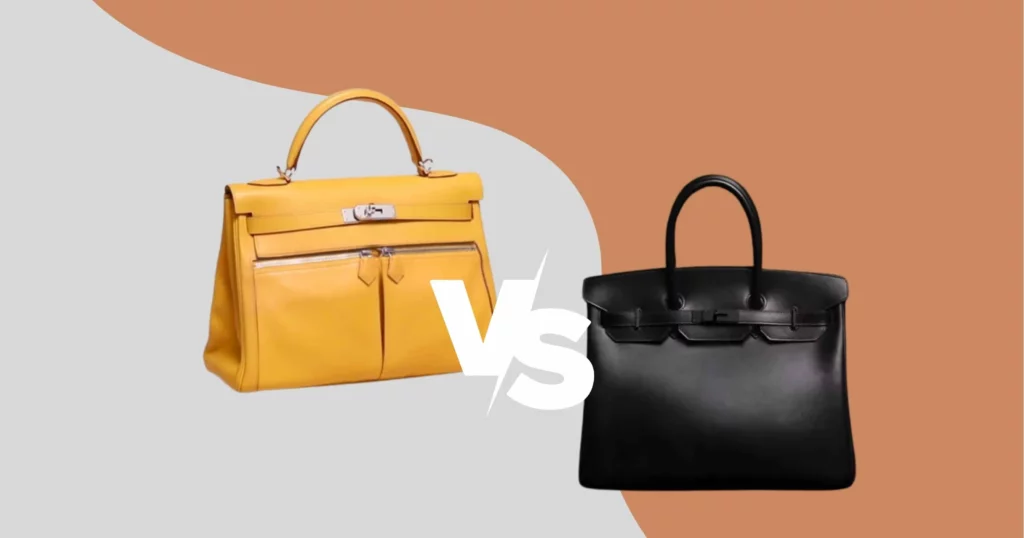 a yellow kelly bag facing a black birkin bag with the letters "vs" between them in white