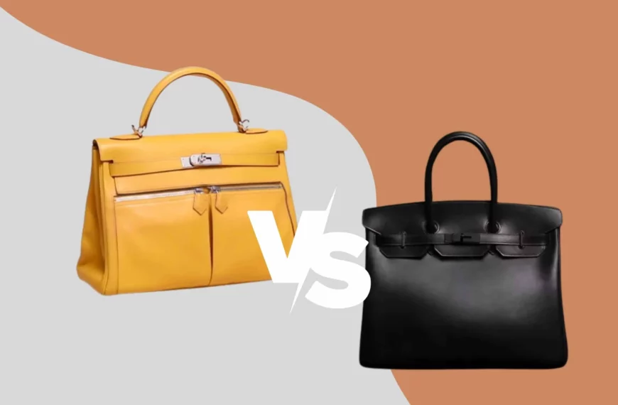 a yellow kelly bag facing a black birkin bag with the letters 