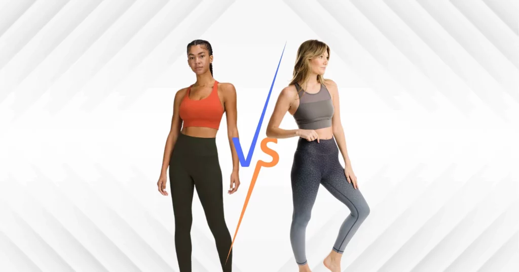 one woman wearing lululemon orange top and black leggings, another woman wearing zyia gray top and gray leggings, the letters "vs" between them