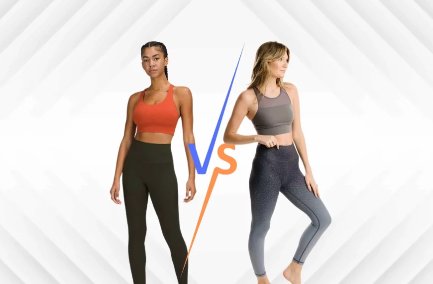 one woman wearing lululemon orange top and black leggings, another woman wearing zyia gray top and gray leggings, the letters 
