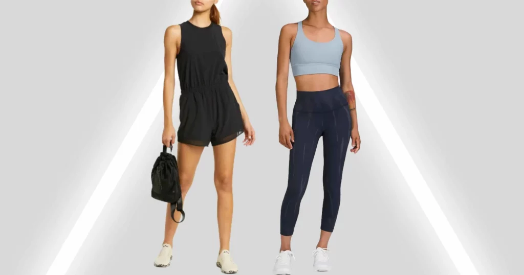 woman wearing all black Zella outfit on left, and a woman wearing blue activewear from Lululemon on right