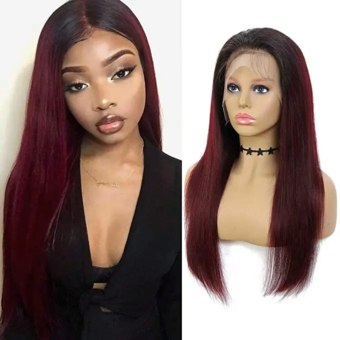 Maxfull 1B/99J Lace Front Wigs, Ombre Color Burgundy Straight Human Hair