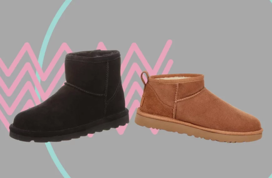 a black Bearpaw boot facing away from a brown UGG boot