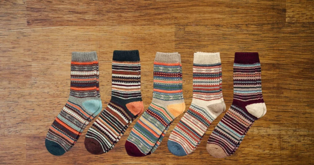 row of striped ankle Nordic socks of different colors
