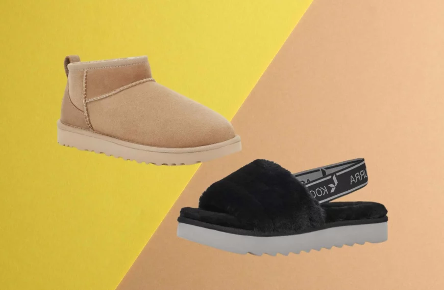koolaburra vs ugg: one brown ugg boot and one black koolaburra slipper