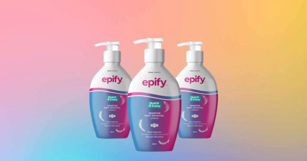 3 identical purple, blue, and white bottles of Epify hair removal cream