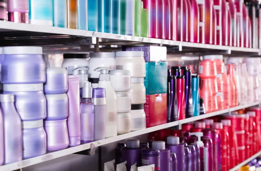 rows of shelves with different colored shampoos and other hair care products