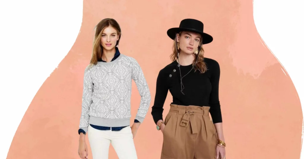 woman wearing gray sweater and white pants from J Crew, another woman wearing black top, brown pants from Banana Republic