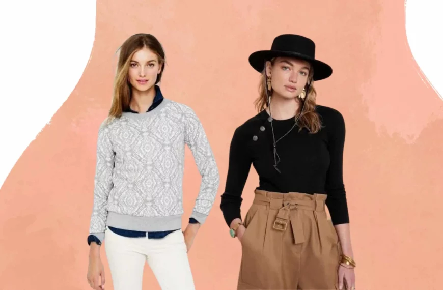woman wearing gray sweater and white pants from J Crew, another woman wearing black top, brown pants from Banana Republic