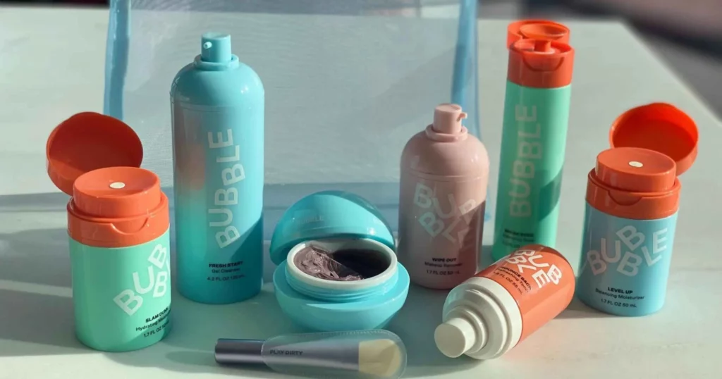 varitey of Bubble skincare products in light blue, orange, and pink
