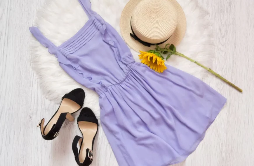 lavendar colored dress lying on floor next to black heels and tan hat