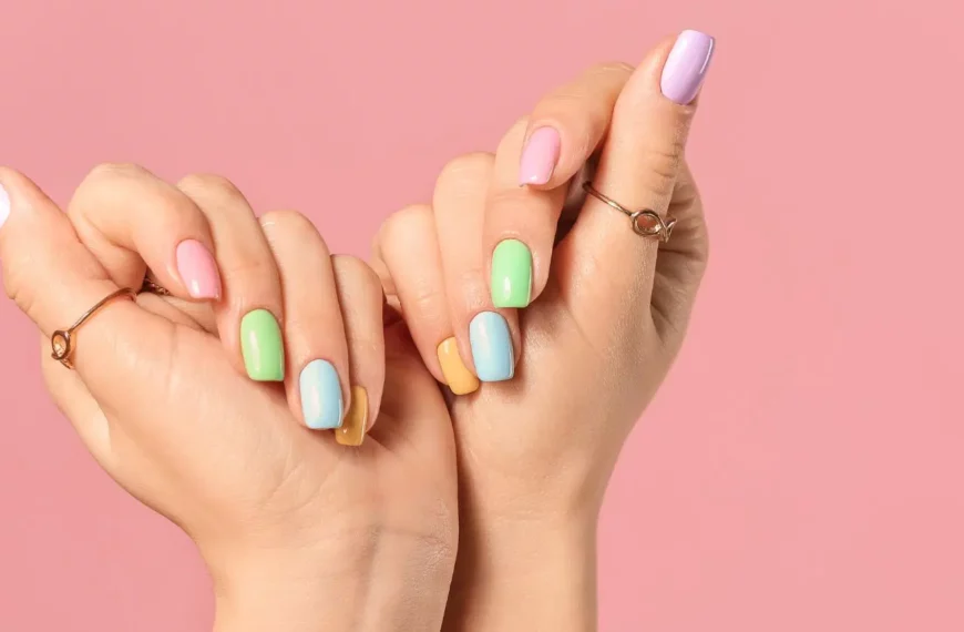 close up of person's hands with different pastel colored nails