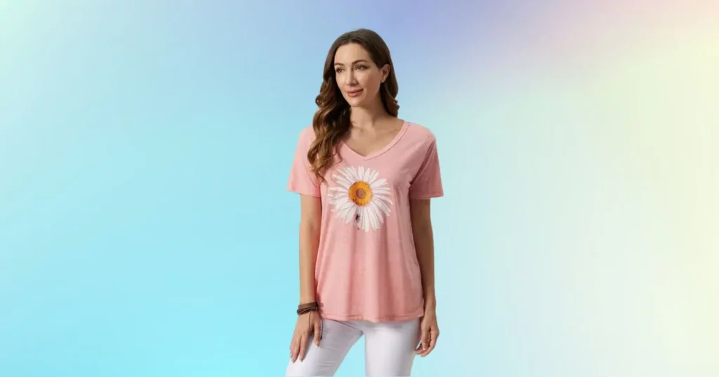 woman looking off camera, wearing pink top with sunflower and white pants from CurveDream