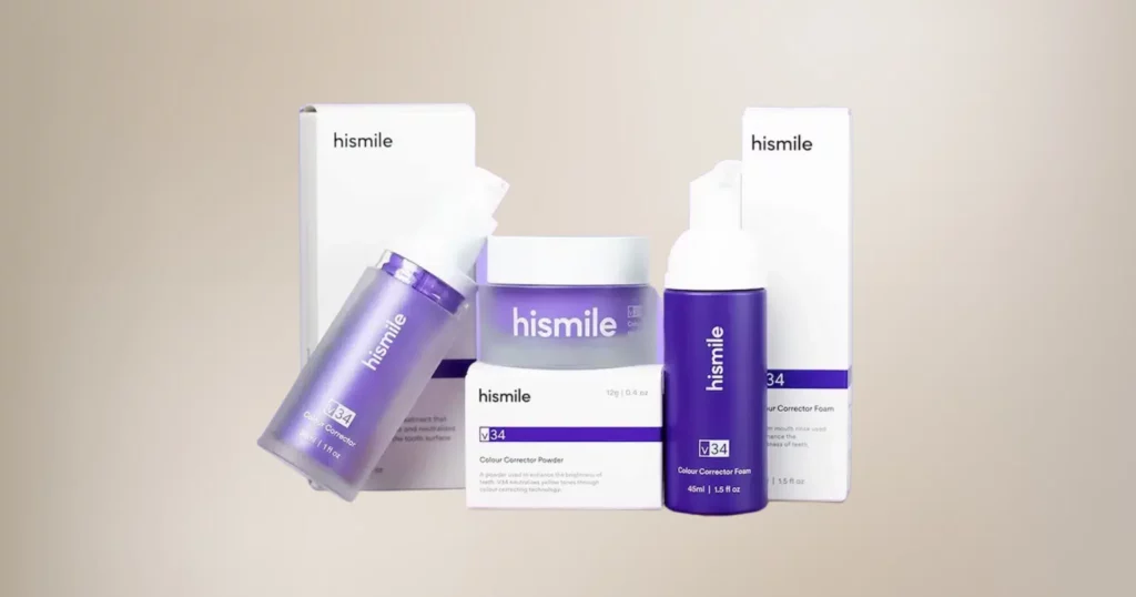 six HiSmile products in white and purple packaging