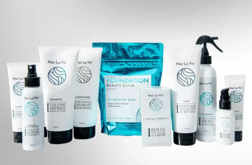 variety of hair la vie products in white, blue, and black packaging