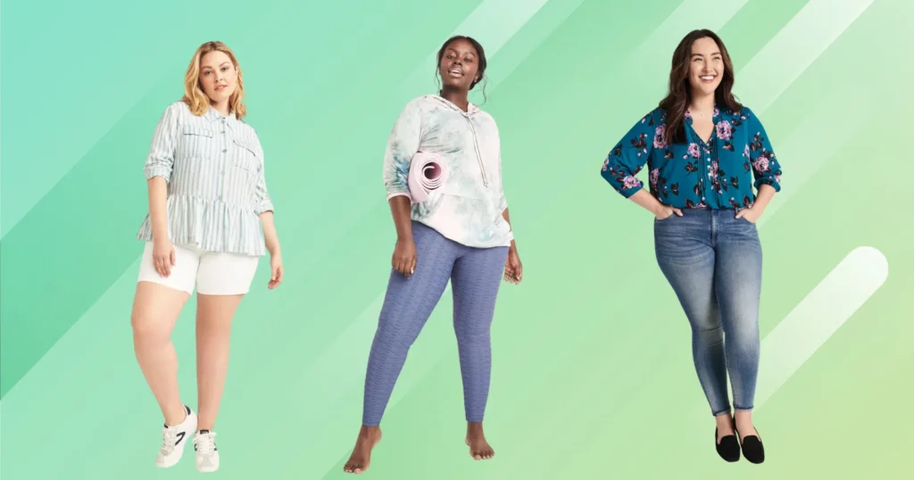 three women with plus-zise figures wearing trendy clothes on green background