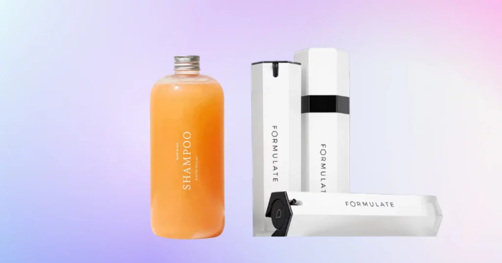 an orange bottle of function of beauty shampoo and 3 white bottles of formulate hair care products