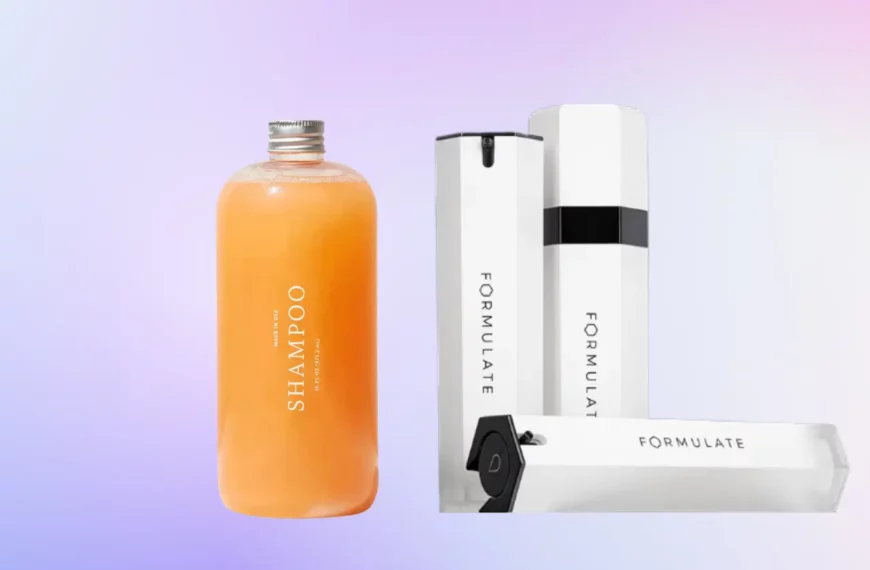 an orange bottle of function of beauty shampoo and 3 white bottles of formulate hair care products