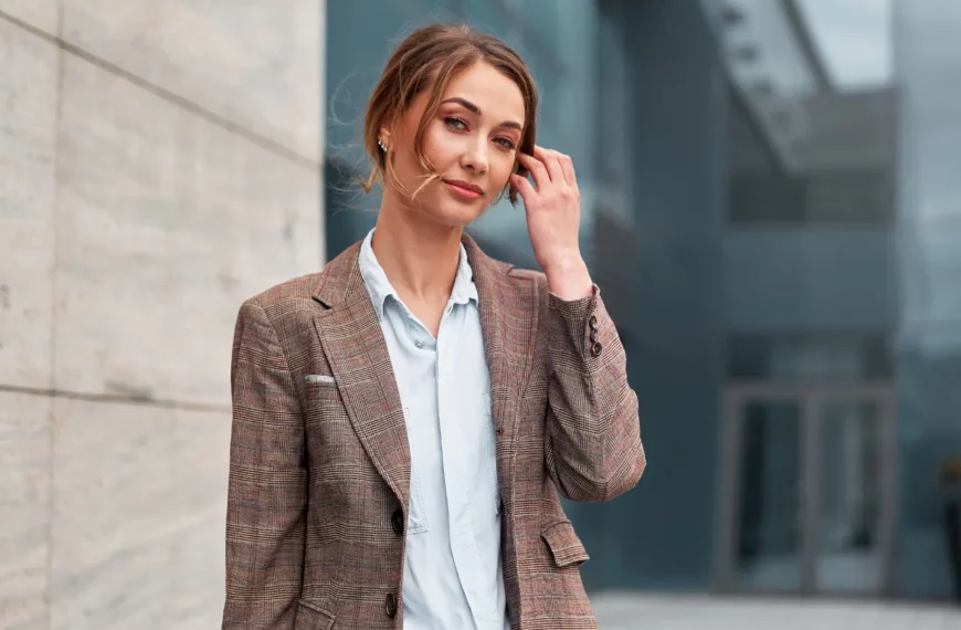 business casual woman in tweed jacket and light blue button down shirt
