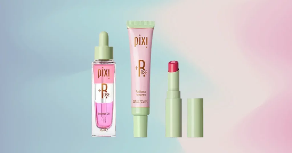 row of pink and green pixi beauty products including the essence oil, radiance protector, and lip balm