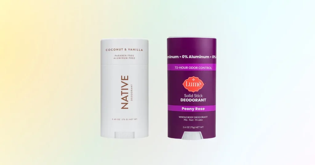white containter of deodorant from Native beside purple deodorant from Lume