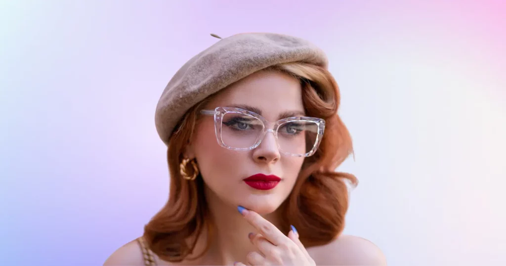 woman with red hair and red lipstick, wearing gray beret and clear glasses from Vooglam