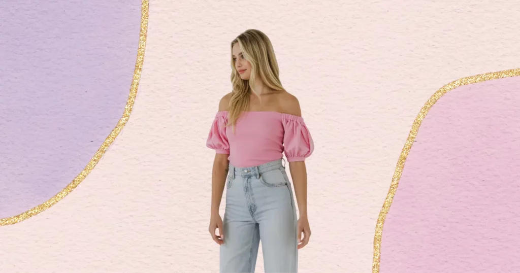woman looking away from camera, wearing pink top and denim jeans from Verishop