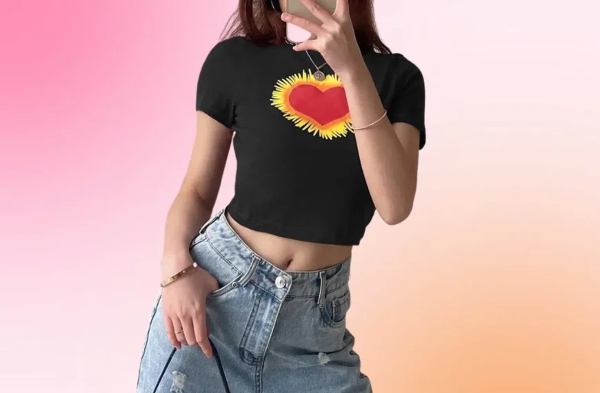 up close of woman wearing black top with yellow and red heart and jeans from Lovely Erica