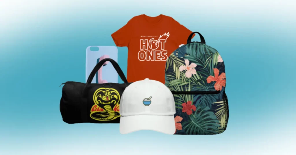 several Teespring items such as red t-shirt, black bag, white hat, blue phone case, an green floral backpack