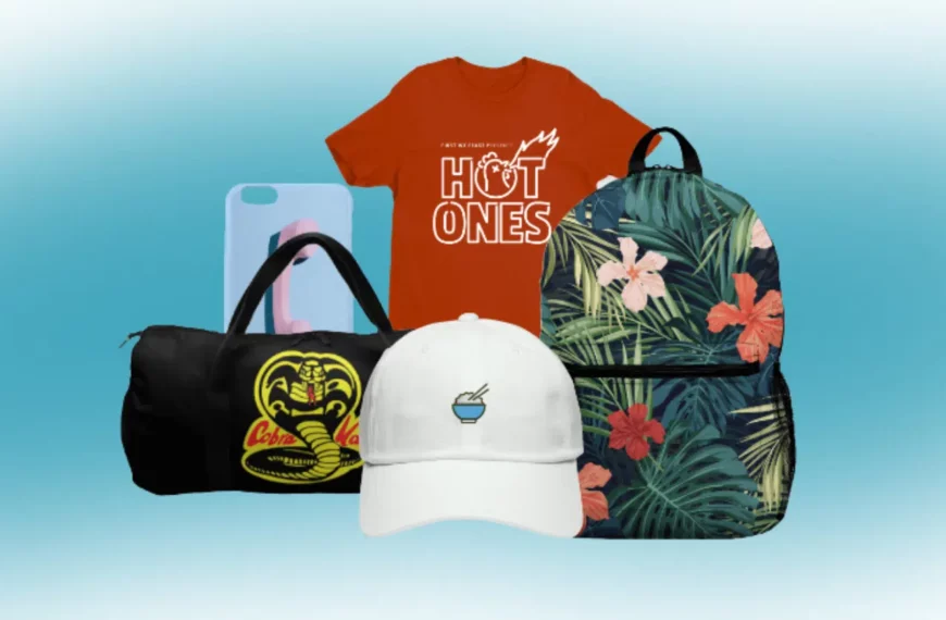 several Teespring items such as red t-shirt, black bag, white hat, blue phone case, an green floral backpack