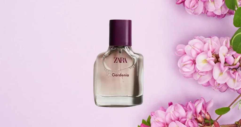 bottle of Zara Gardenia perfume against purple background with flowers