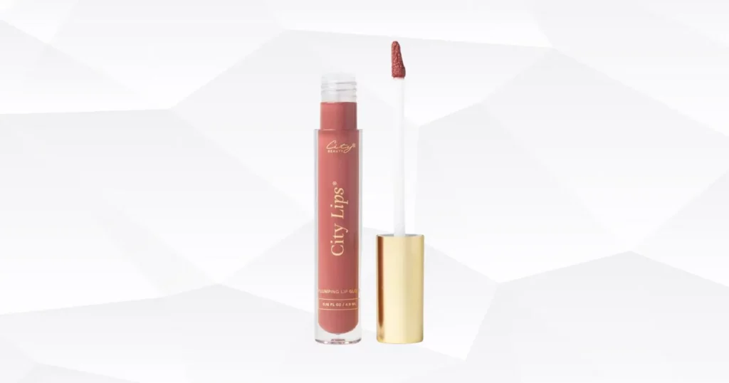 tube of City Lips lip gloss in deep rose beside the application wand