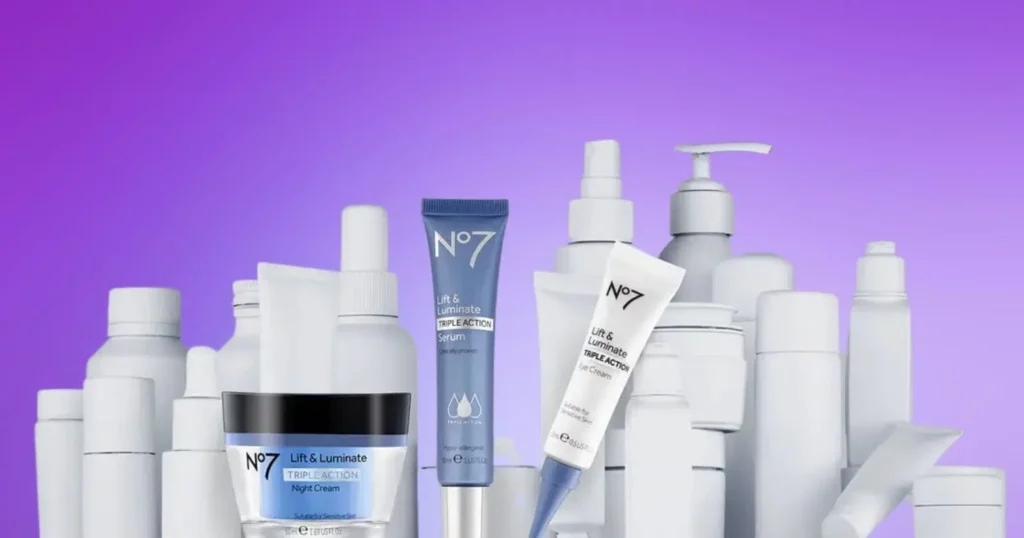 No7 skincare products surrounded by white unlabled bottles against purple background