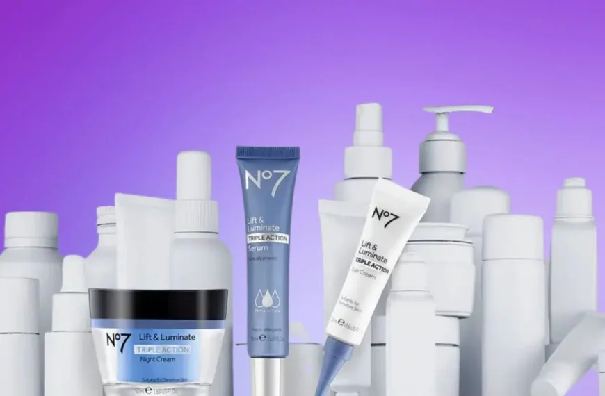 No7 skincare products surrounded by white unlabled bottles against purple background