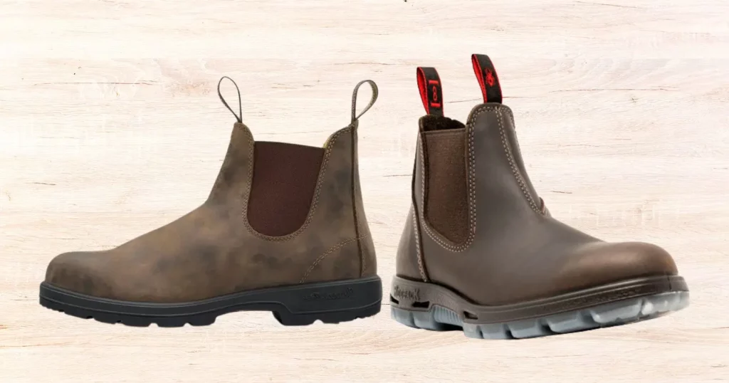 one brown Blundstone boot facing left, one brown Redback boot facing right