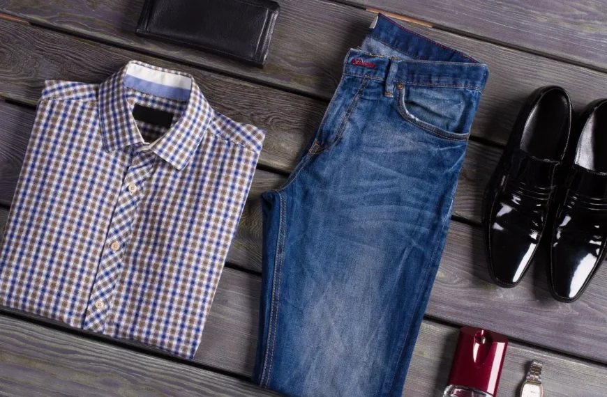 men's designer clothing: dress shirt, jeans, black shoes