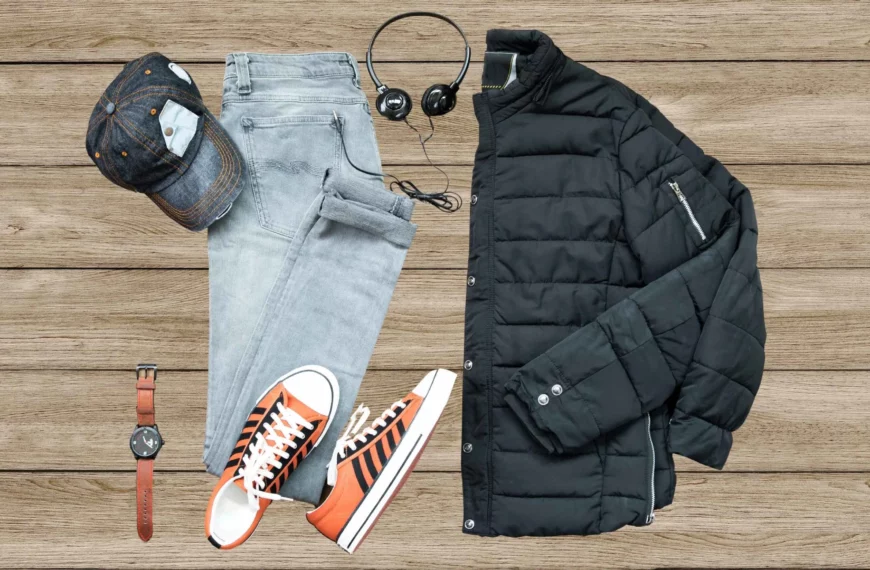 men's clothing pieces including denim hat, jeans, orange shoes, and black jacket