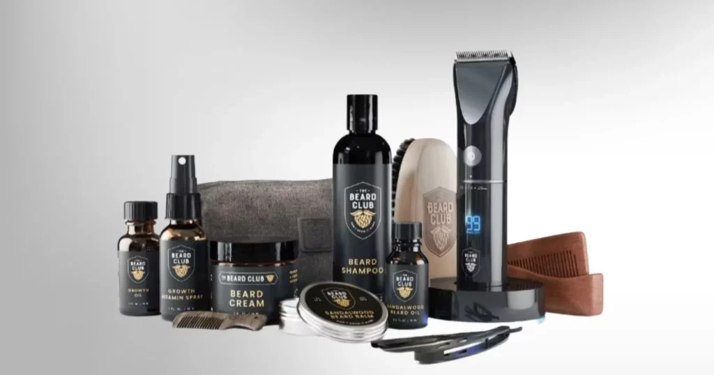 assortment of the beard club products in black bottles, including shampoo, oil, cream, and a trimmer