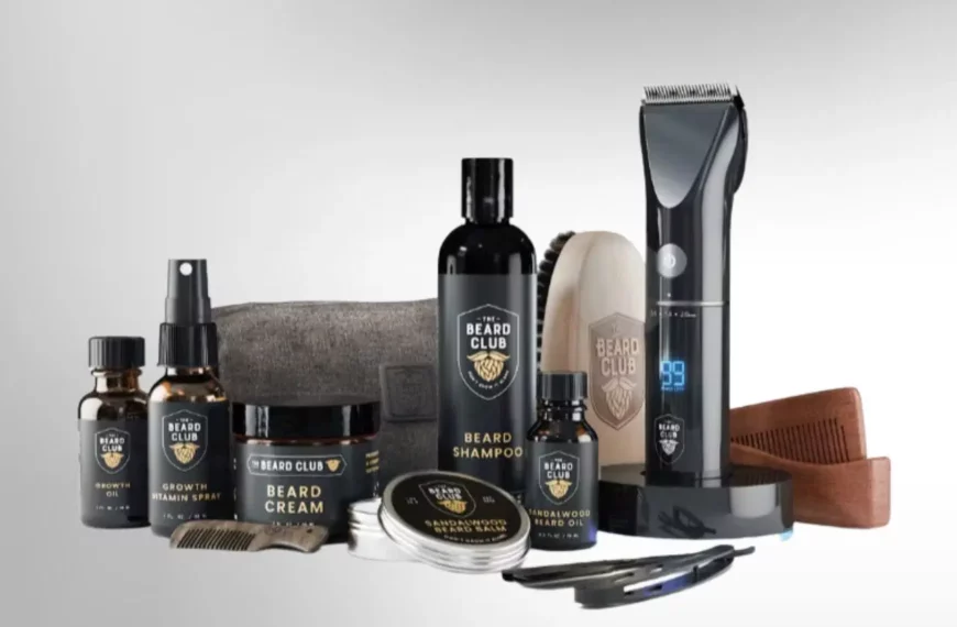assortment of the beard club products in black bottles, including shampoo, oil, cream, and a trimmer