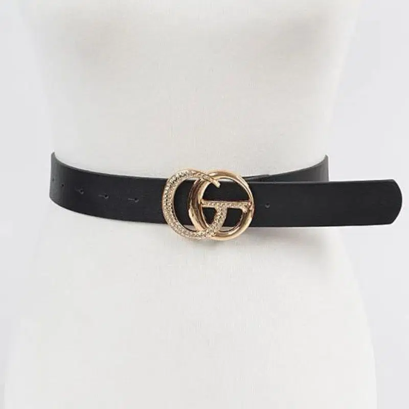 Black Rhinestone Double G Faux Leather Belt