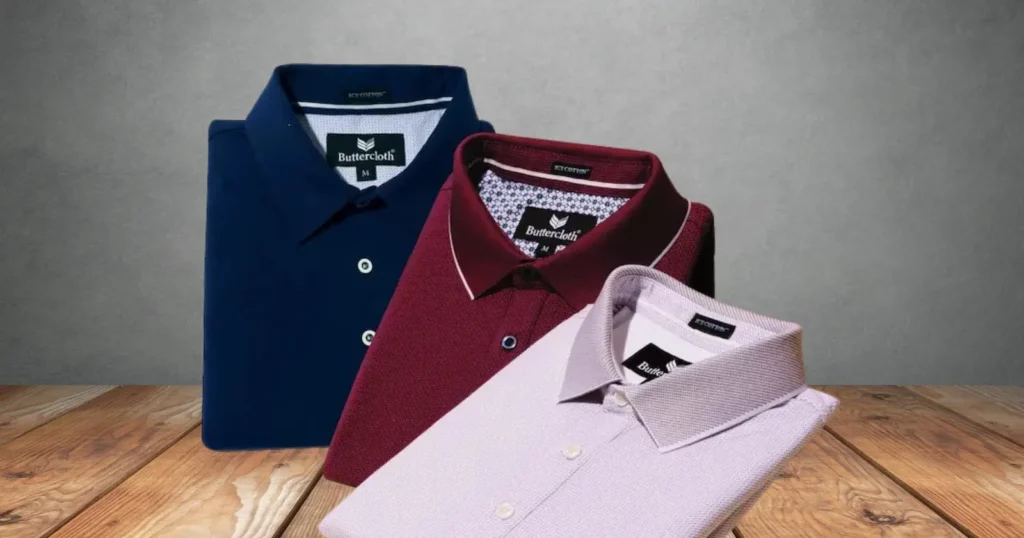 3 buttercloth shirts in blue, red, and white
