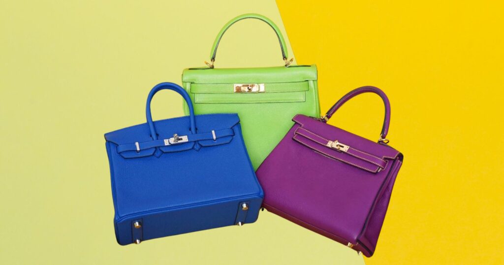 3 Hermes handbags from The Luxury Closet in blue, green, and purple